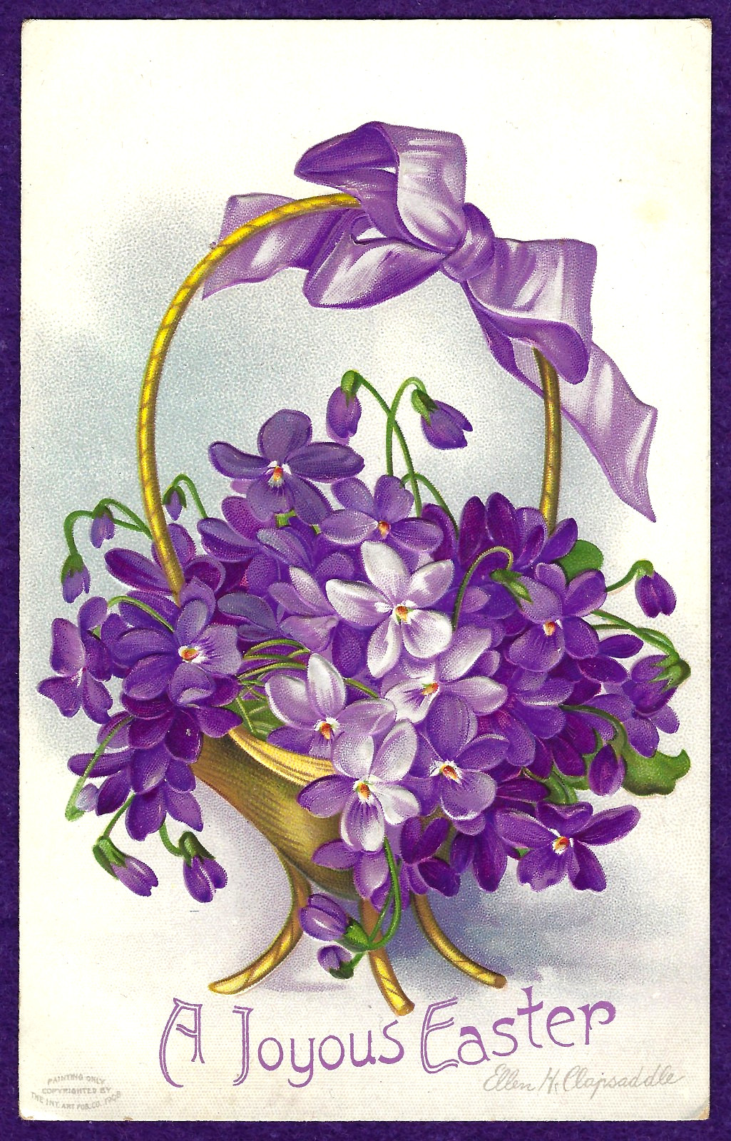 Vtg Clapsaddle Easter Basket Purple Crocus Flowers Ribbon Bow A/S Embossed c1908