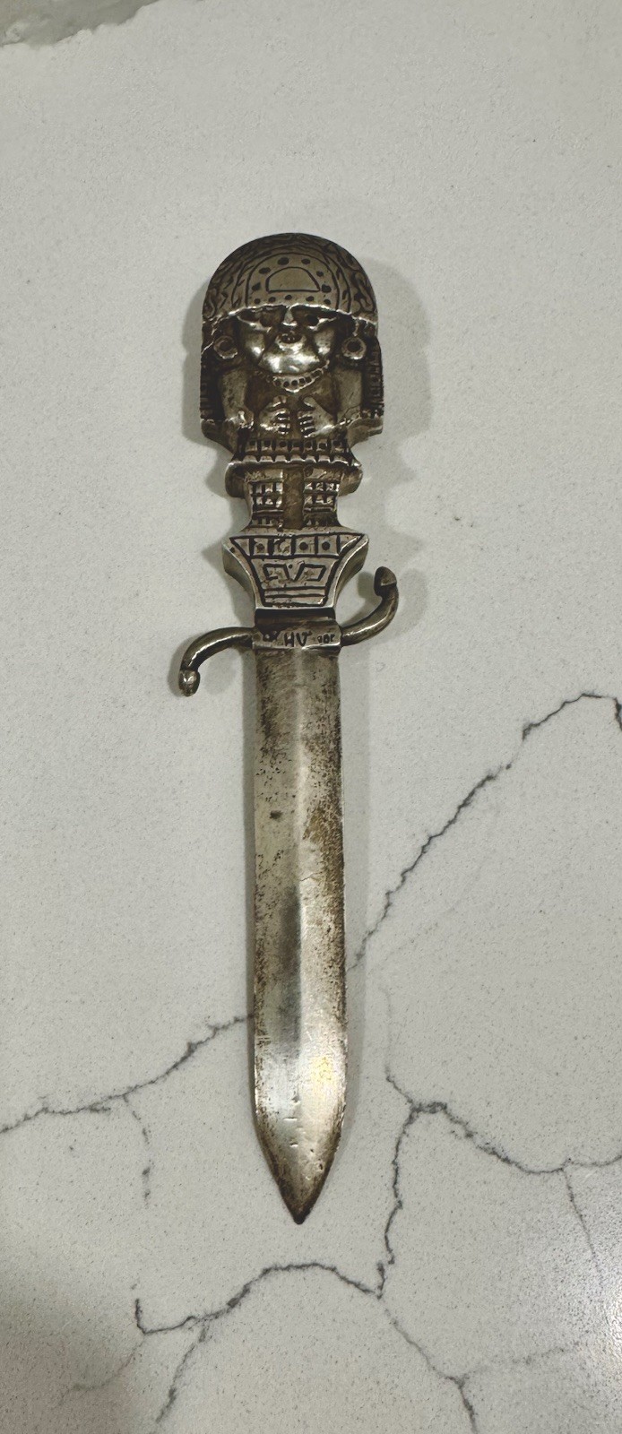 Vintage Heavy 142 G. Peruvian .900 Silver Letter Opener Dagger Inca Deity 5oz