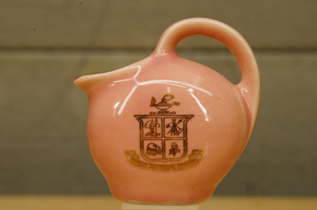 VPI Virginia Tech Blacksburg VA Souvenir Seal Mini Ball Jug Pitcher Pink & Gold