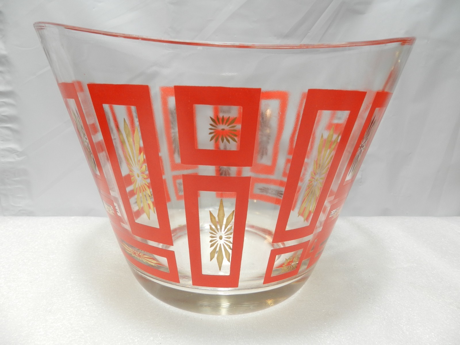 1950\'s Jeannette Atomic Red &Gold Starburst Ice Bucket /Punch Bowl Retro E93JJ