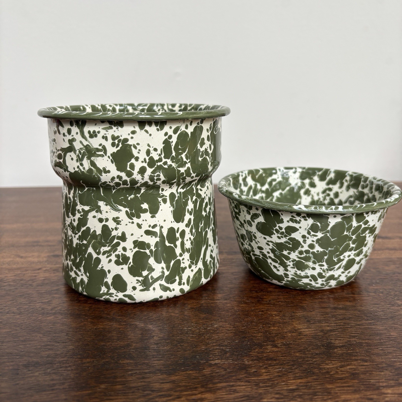 Graniteware Enamel Splatter Green White Bowl & Tumbler Cup Set Nesting Pair