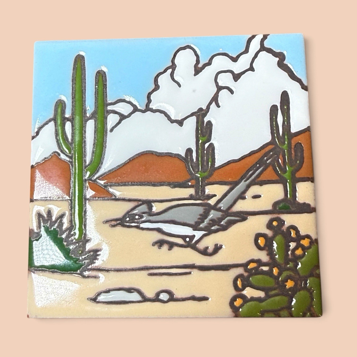 Earthtones Roadrunner Tile Trivet by Leone Kuhne Southwestern Cactus 6”
