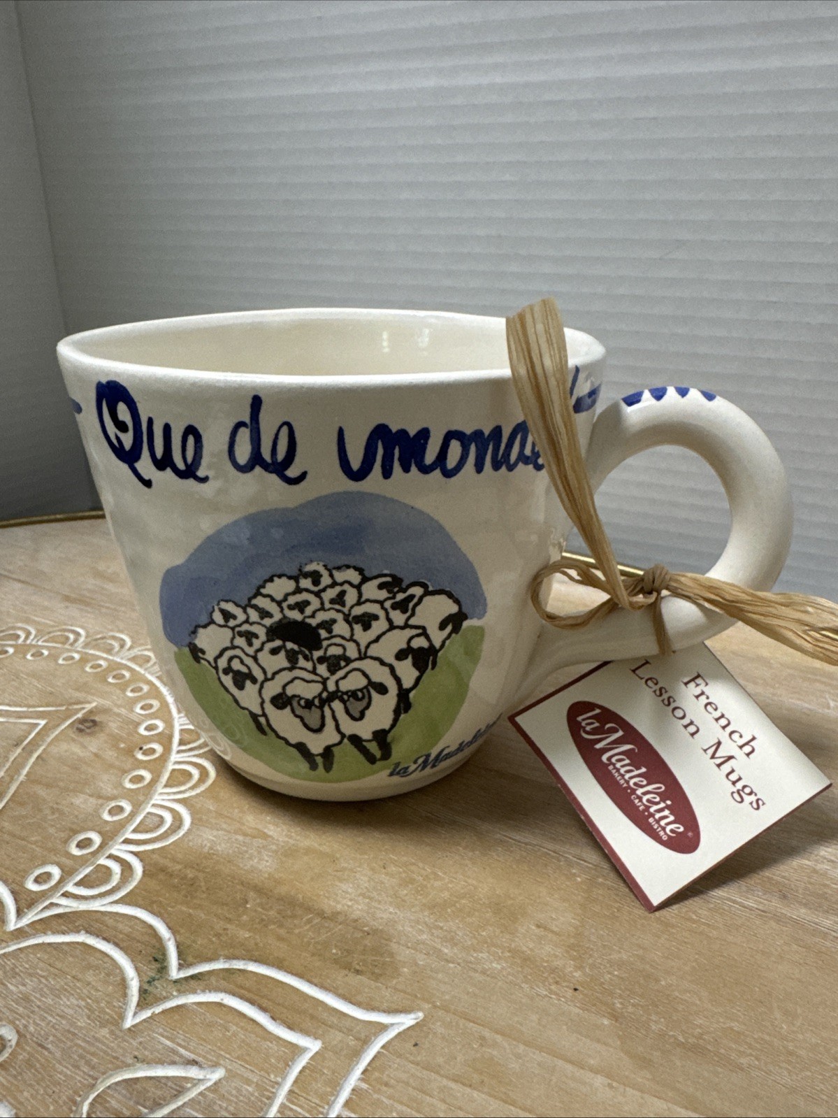 Vtg La Madeleine French Cafe JUMBO Coffee Mug Que de monde Sheep Watercolor