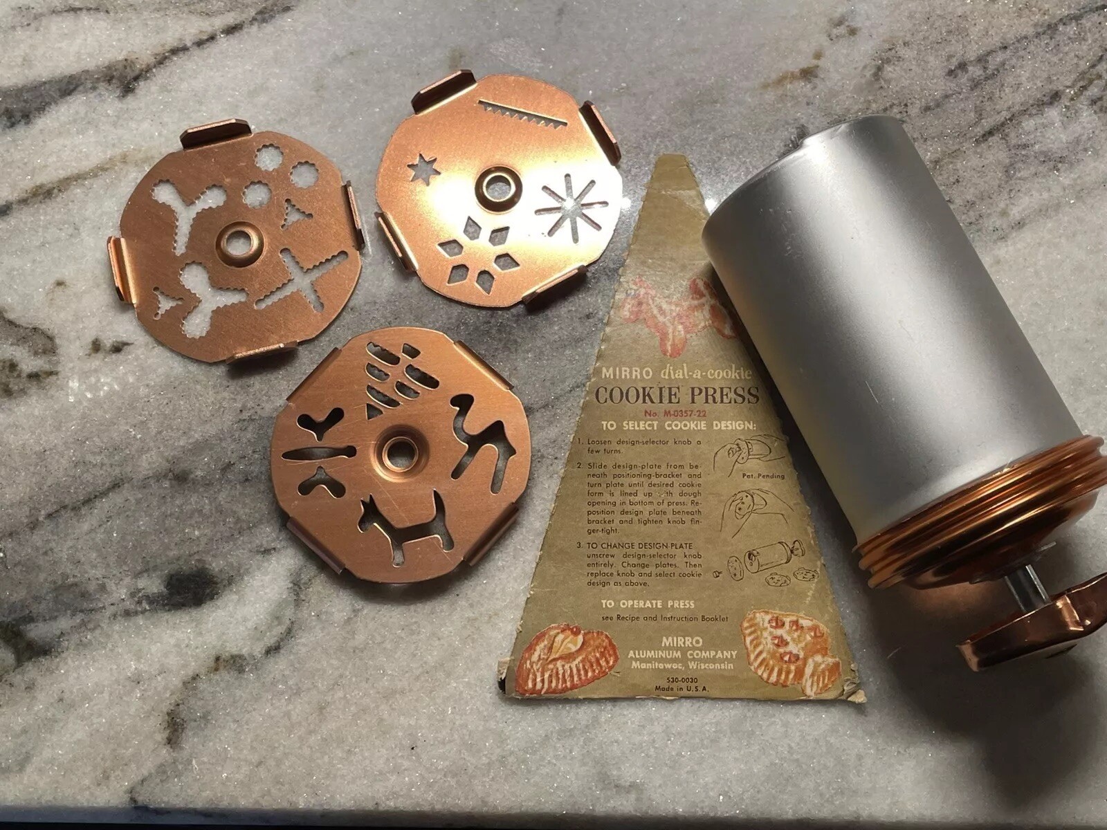 Vintage Mirro Aluminum Copper Dial A Cookie Pastry Press Discs Instructions MCM