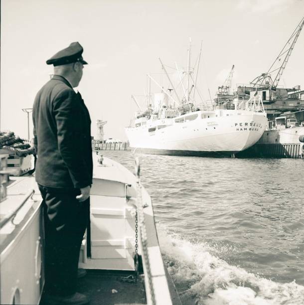 Captain on his ship in Hamburg's port 1955 56 Historic Old Photo
