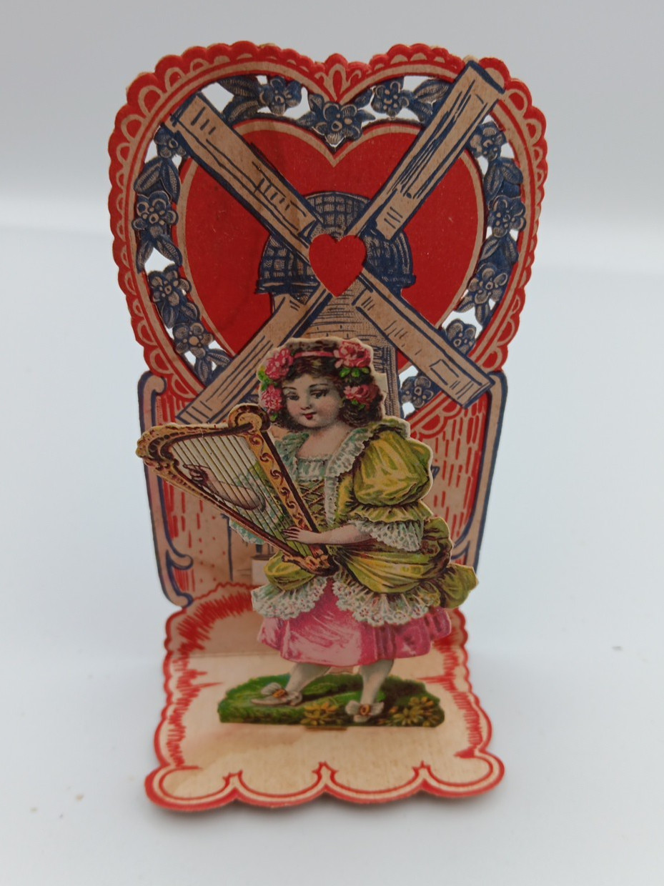 Antique Germany Valentines Fold Out Die Cut Card Victorian Girl Harp Windmill