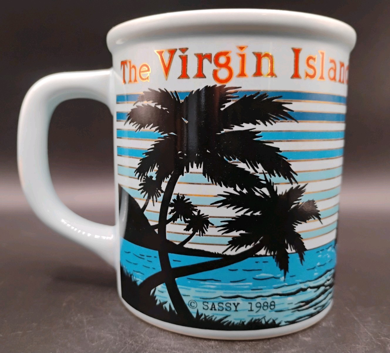 Vtg 1988 THE VIRGIN ISLANDS by SASSY Japan Embossed AquaBlue Souvenir Coffee Mug