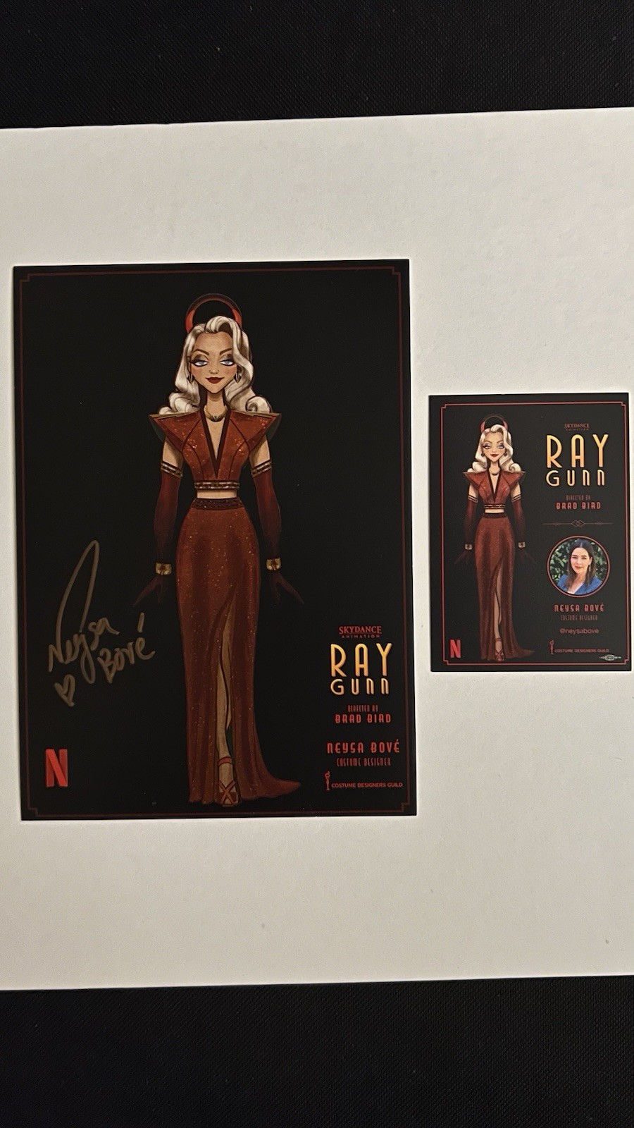 Brad Bird RAY GUNN postcard signed by Neysa Bove And Trading Card Netflix