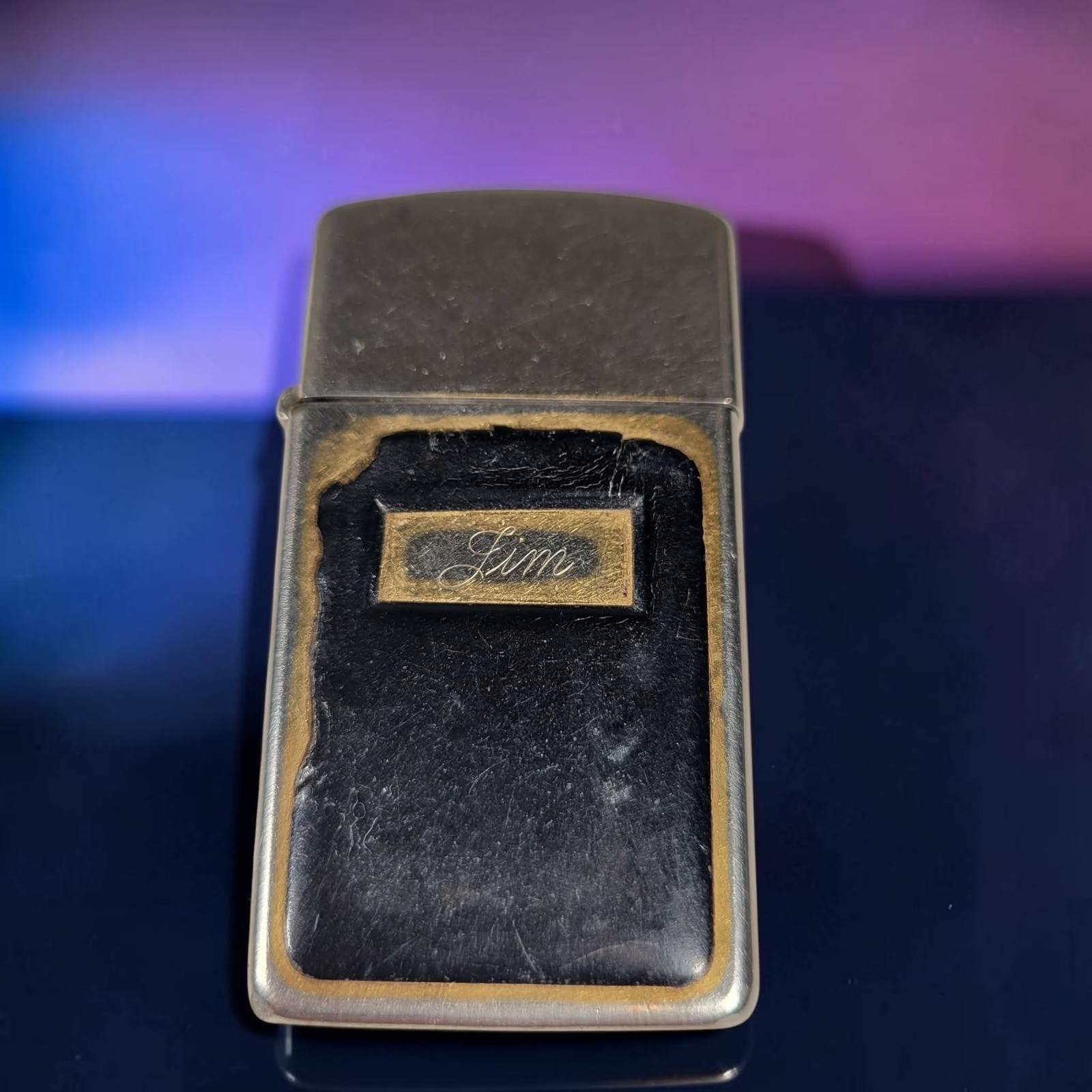 Zippo Slim Lighter 1967 Jim Engraved Black Leather Chrome Fair Peeling Leather