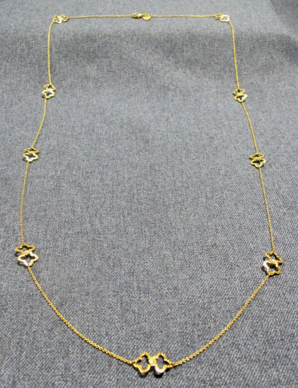 Vintage goldtone dotted jointed flowers chain long necklace heart w/ dots label 