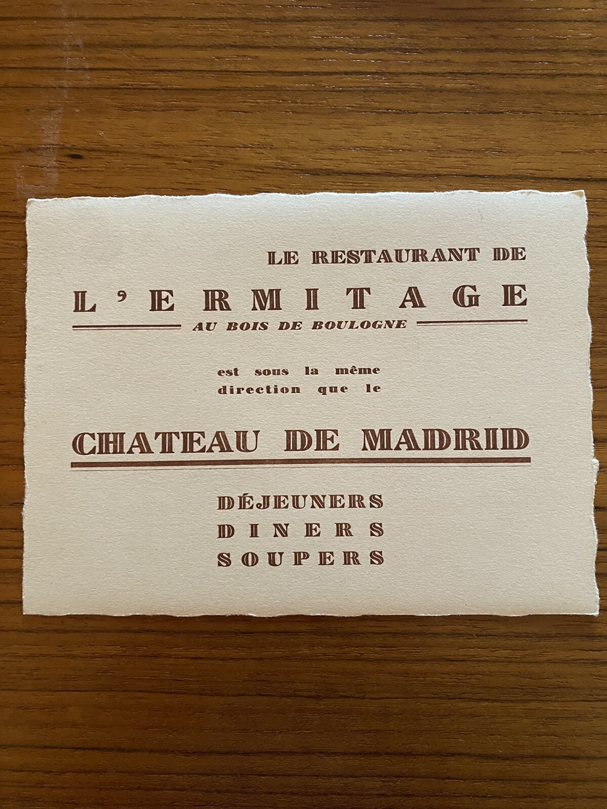 L\'Ermitage Bois de Boulogne Collection Restaurant Card