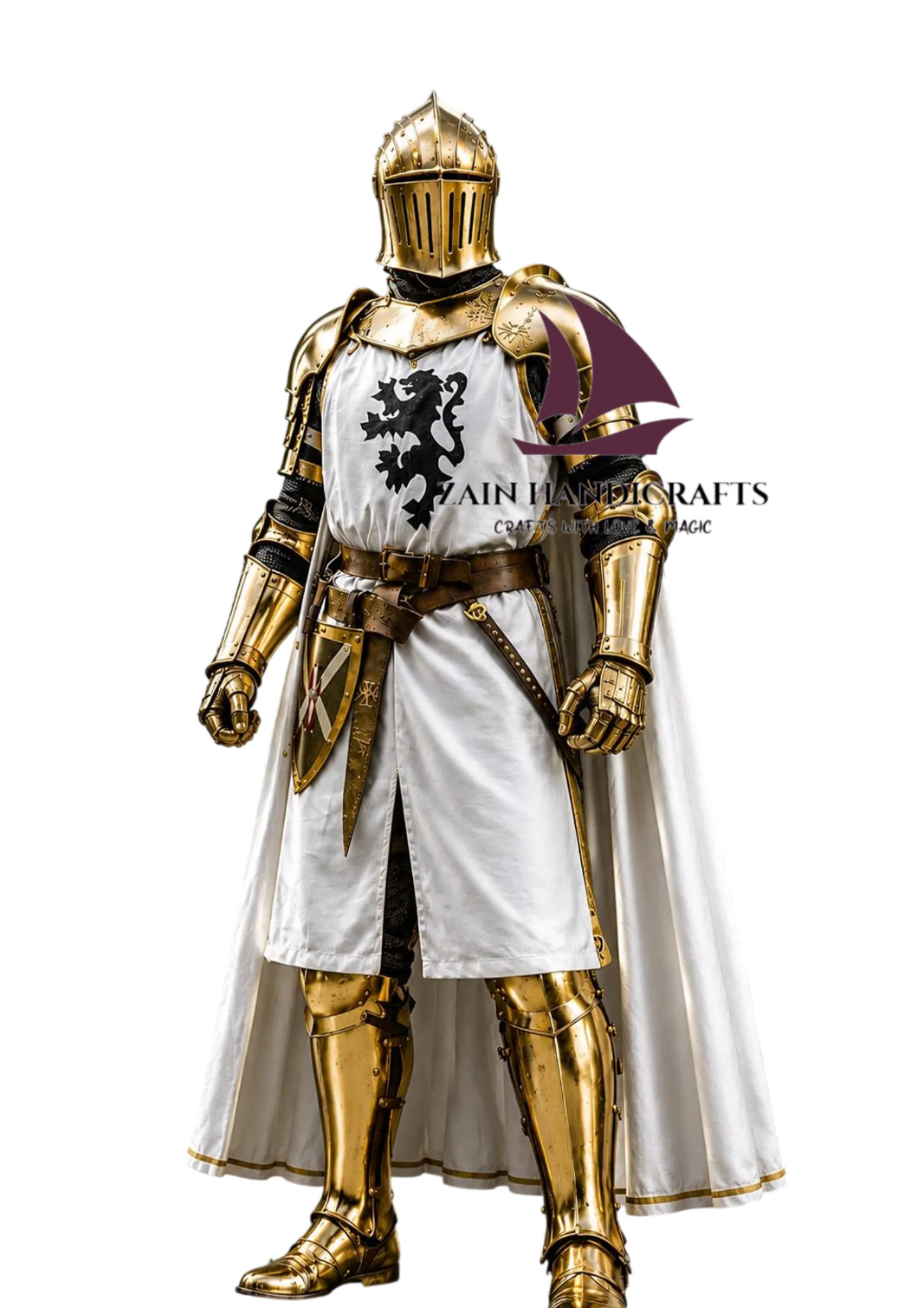 ZAIN Medieval Golden Knight Full Armor Set Polished Steel Suit W/Cape Halloween