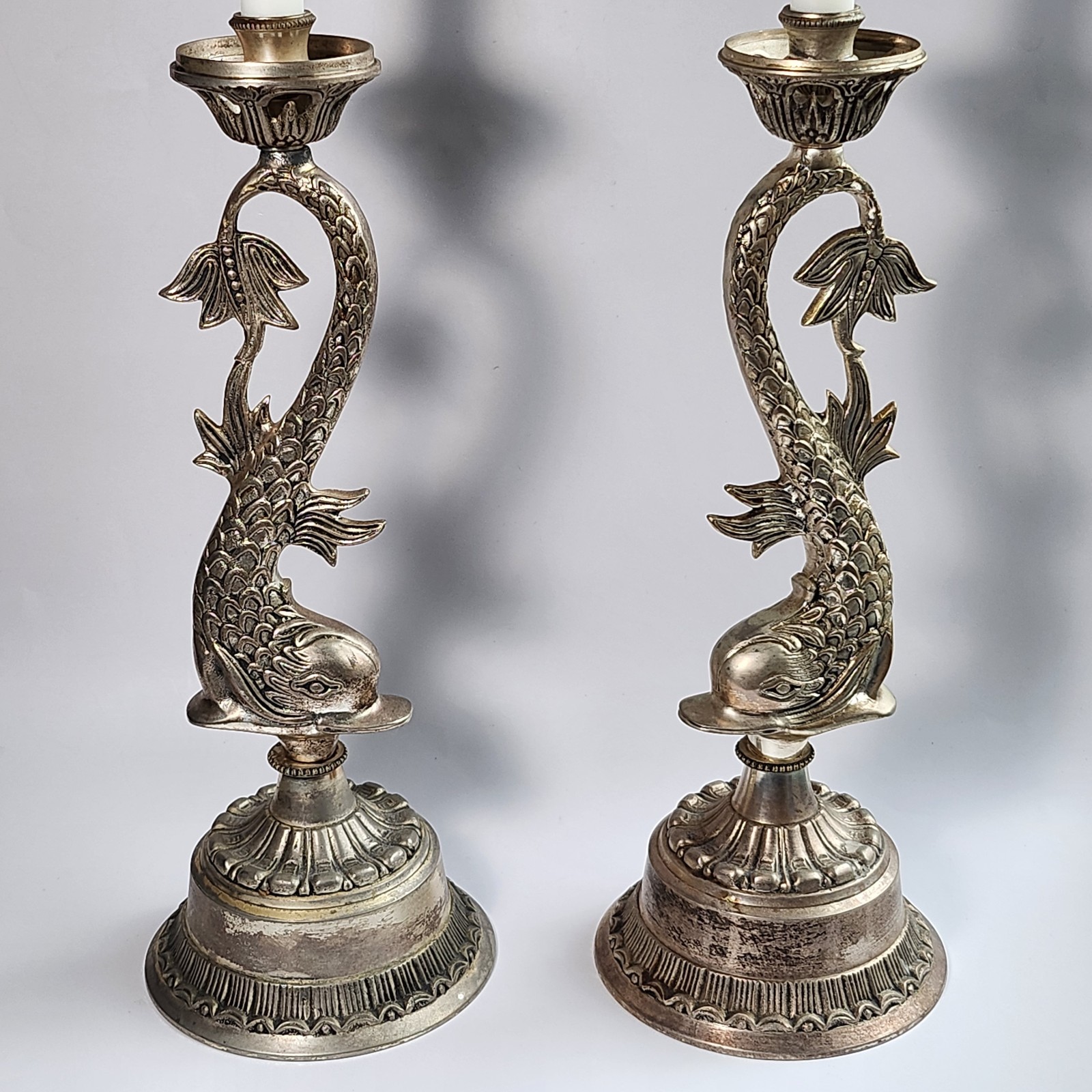 Vintage Pewter Dolphin/ Koi Fish Candlestick Holder Pair Hollywood Regency Style