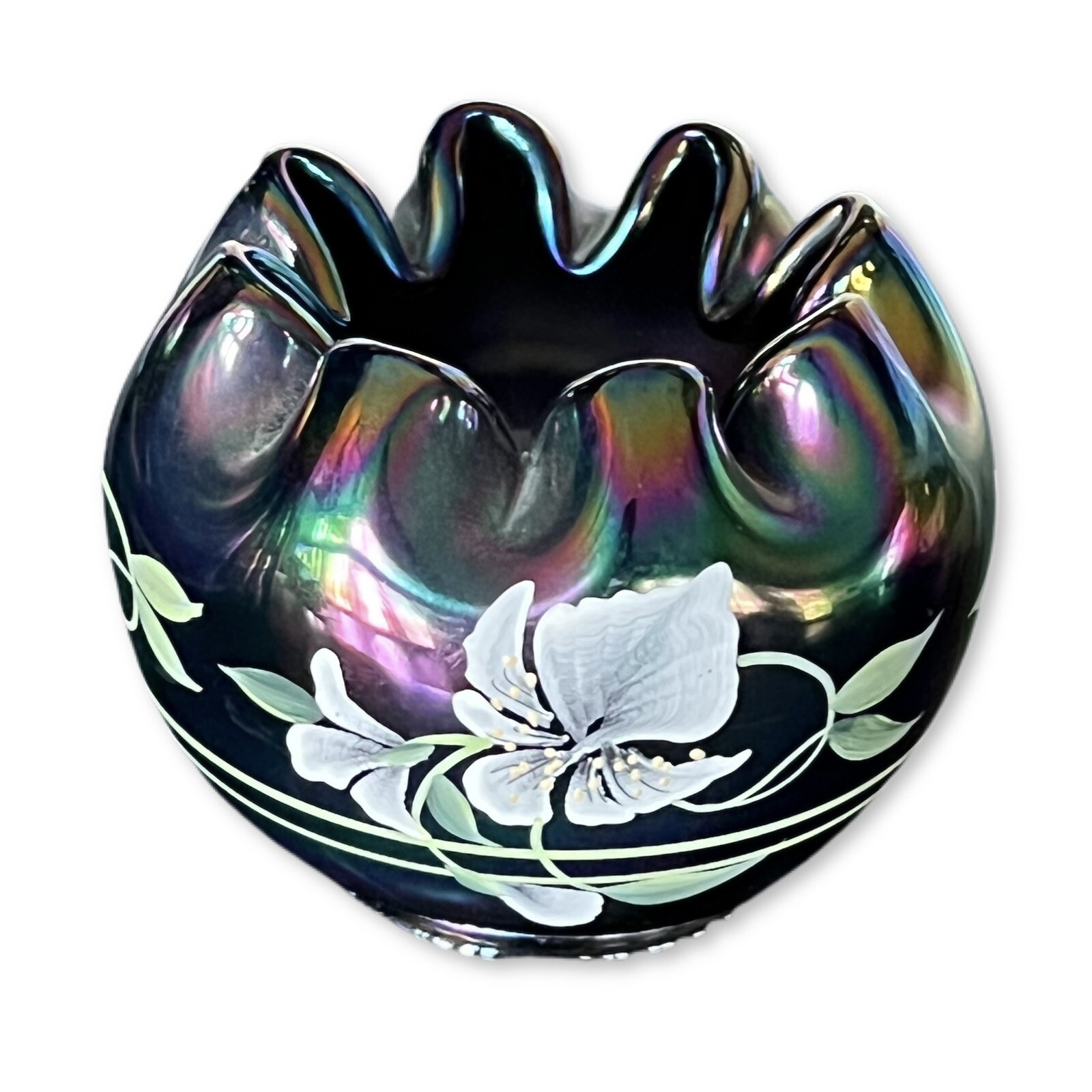 Fenton Amethyst Carnival Glass Iris Bowl Hand Painted Artist Signed