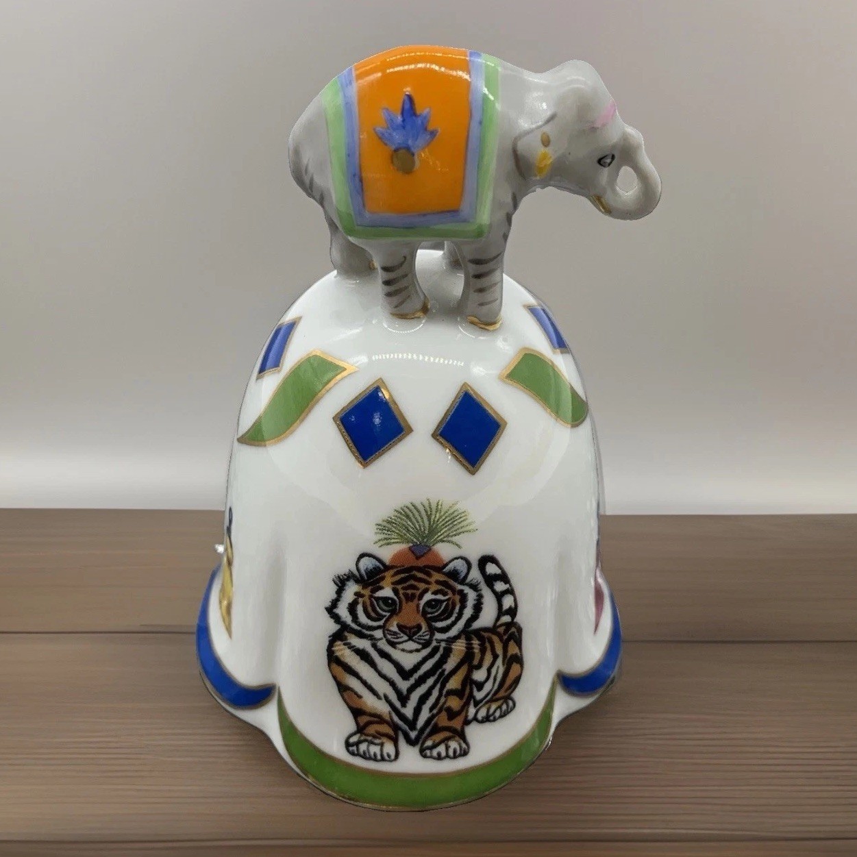 Lynn Chase Tiger Raj Porcelain Dinner Bell Elephant Handle HTF Vintage 1991 Lynn Chase Tiger Raj Porcelain Dinner Bell Elephant Handle HTF Vintage 1991
