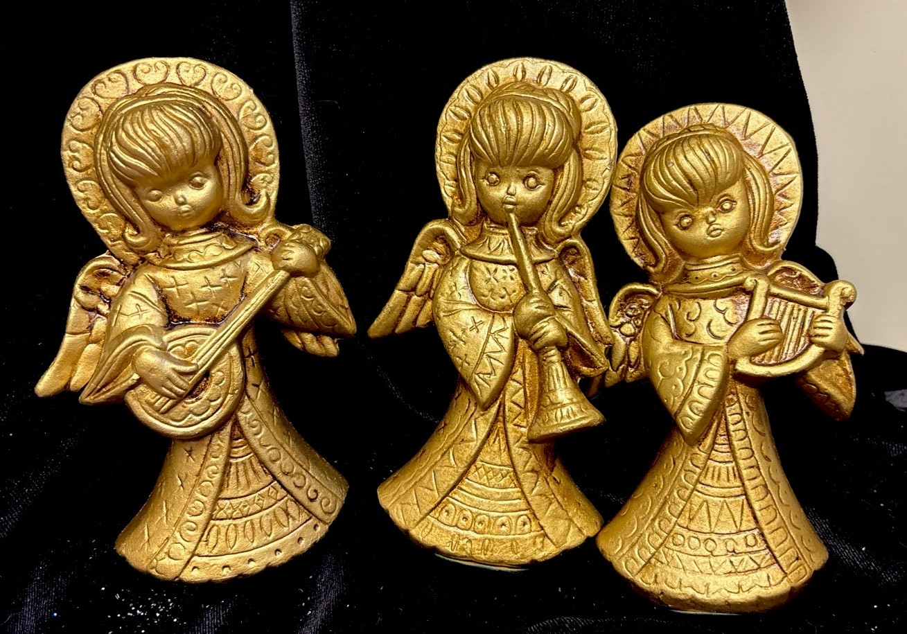 Vintage 1960s Gold Angel Trio Christmas Figures, 5” tall x 2 5/8”x 1 1/2” Resin