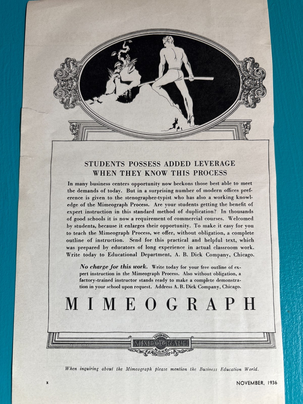 1936 AB Dick Mimeograph Ad Business Education World Vintage Art Deco Office Art