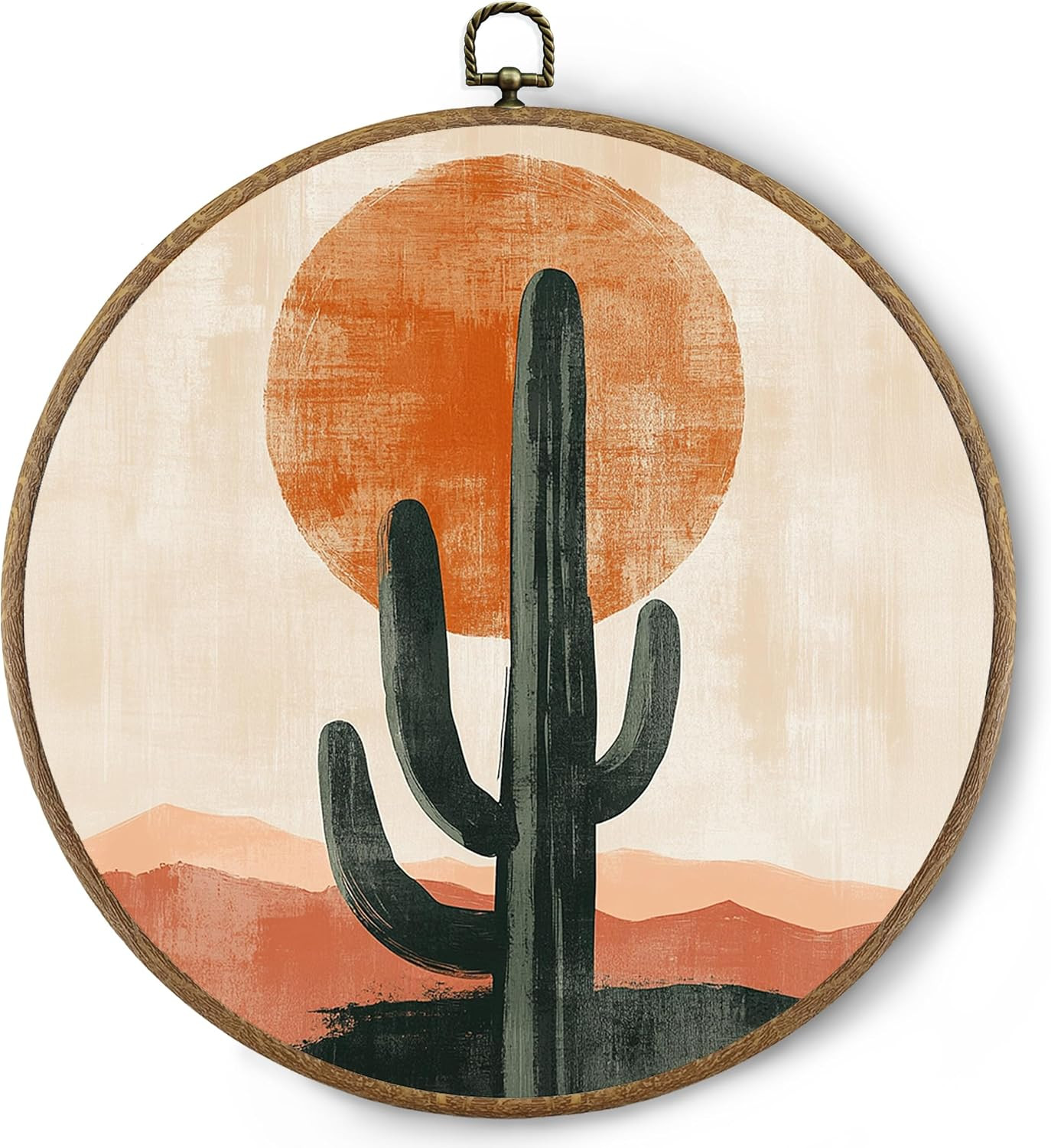 Boho Western round Wall Art Decor, Vintage Southwestern Mountain Cactus Desert L