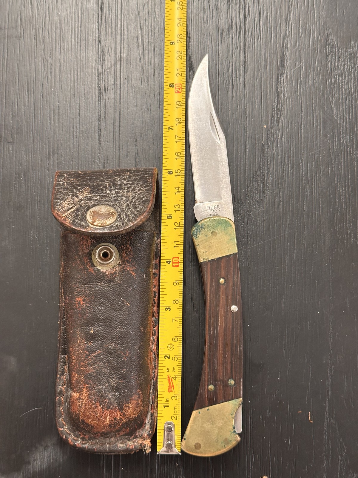 Buck 110 USA Four Dot Folding Hunter Knife Wood Brass With Schrade Sheath