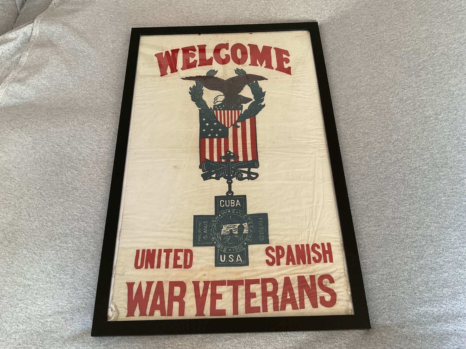 Antique Spanish American War 1898-1902 Veterans Welcome Banner Large 22”x35”