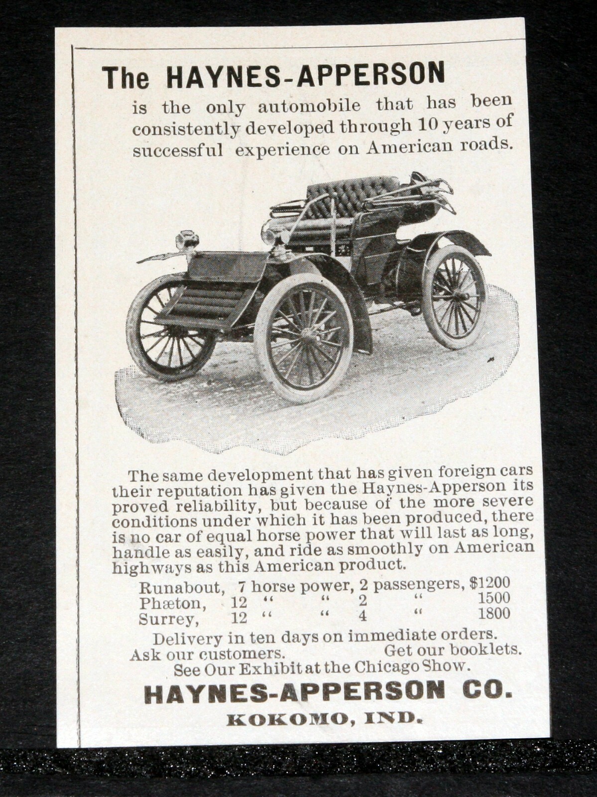 1903 OLD MAGAZINE PRINT AD, HAYNES-APPERSON, RUNABOUT, 7 H.P., TWO PASSENGERS