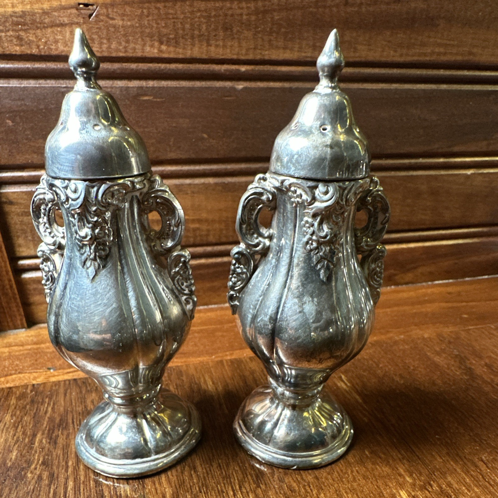 Vintage Wallace Baroque Silverplate Salt and Pepper Shakers Pair 212 Urn Shaped