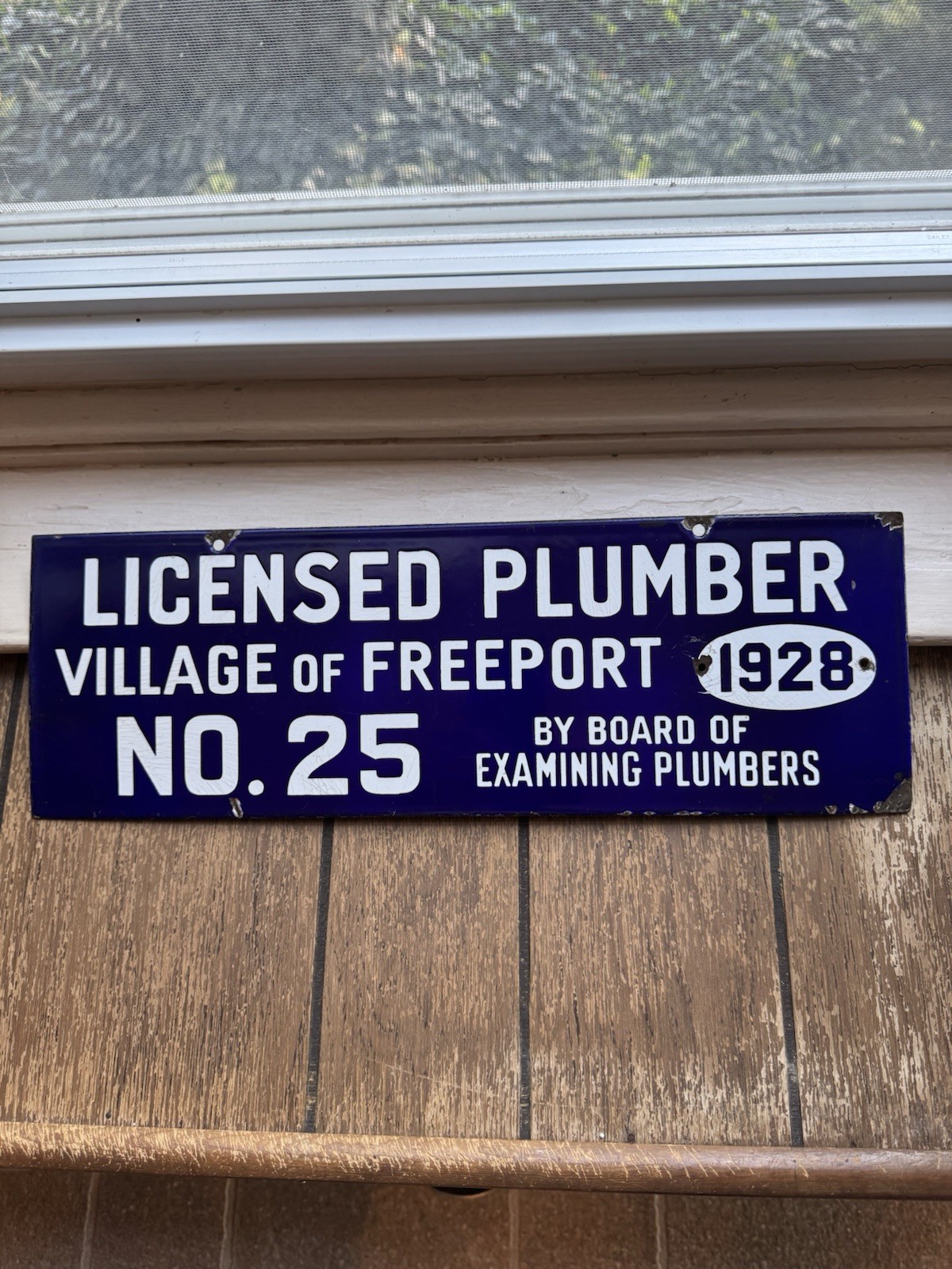 Antique 1928 Porcelain Licensed Plumber Village Of Freeport No. 25 Sign