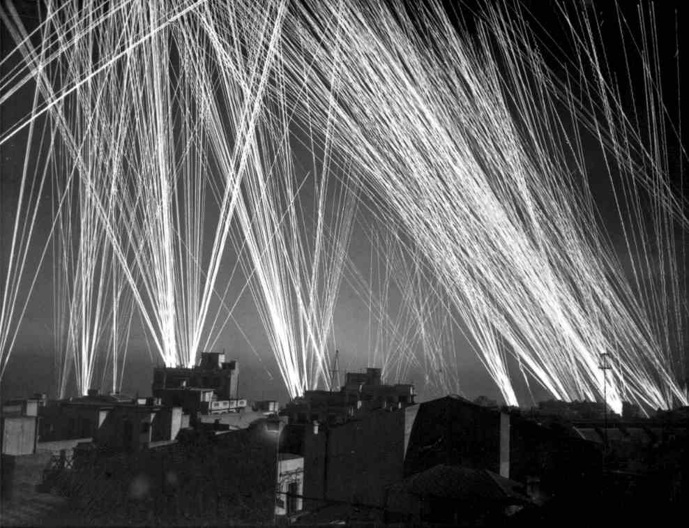 WWII Night Air Raid Tracer Fire Over City Rooftops Military War Poster Print