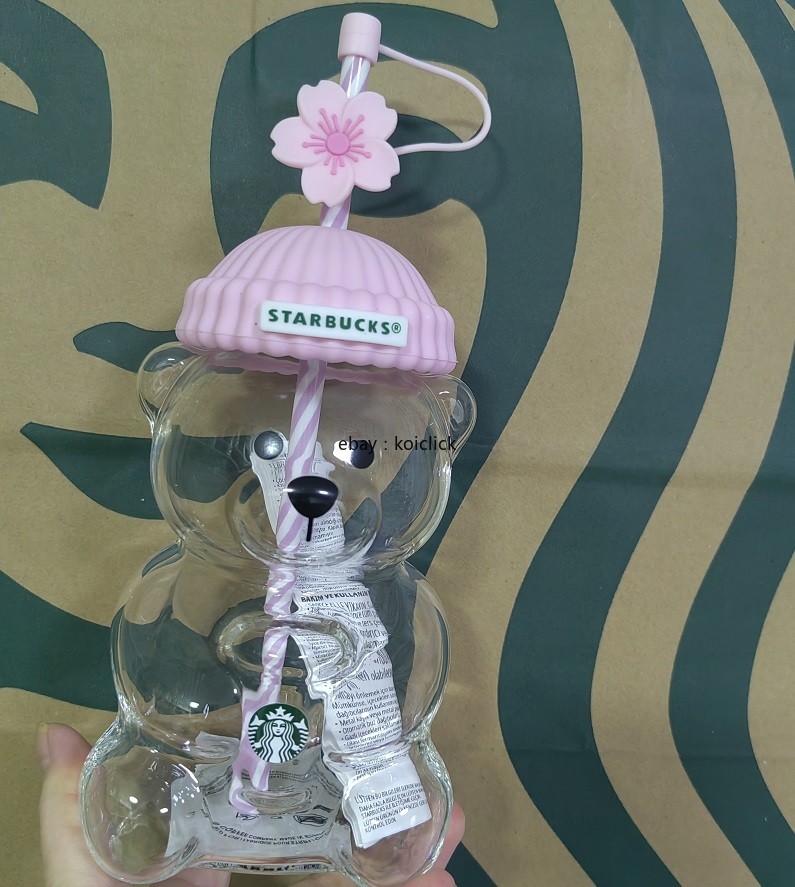 2026 Starbucks Bearista Pink Bear Glass Tumbler Cold Cup with Straw &Sakura Plug