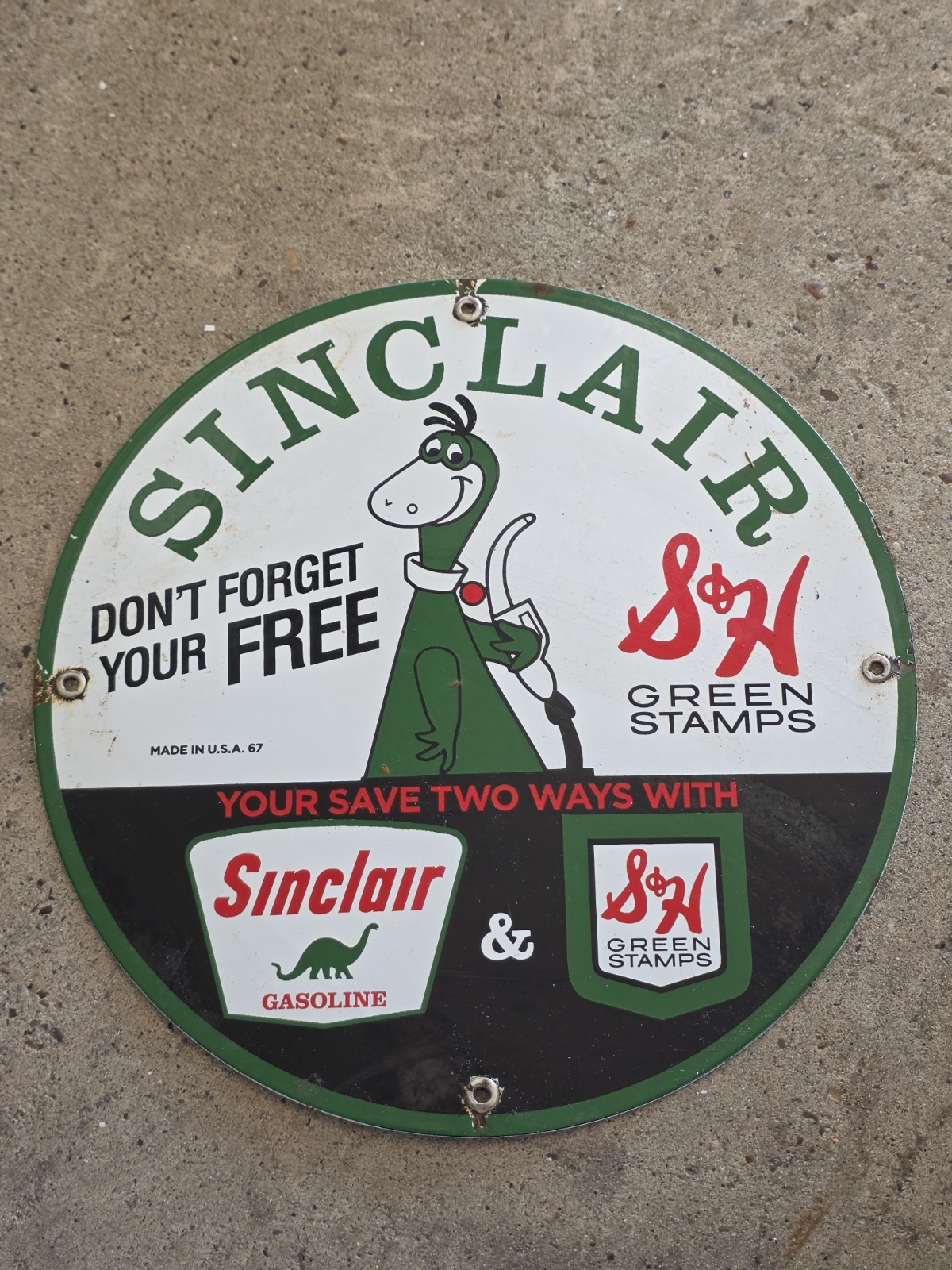 VINTAGE SINCLAIR GASOLINE  S & H GREEN STAMPS PORCELAIN  FUEL PUMP  SIGN  12\