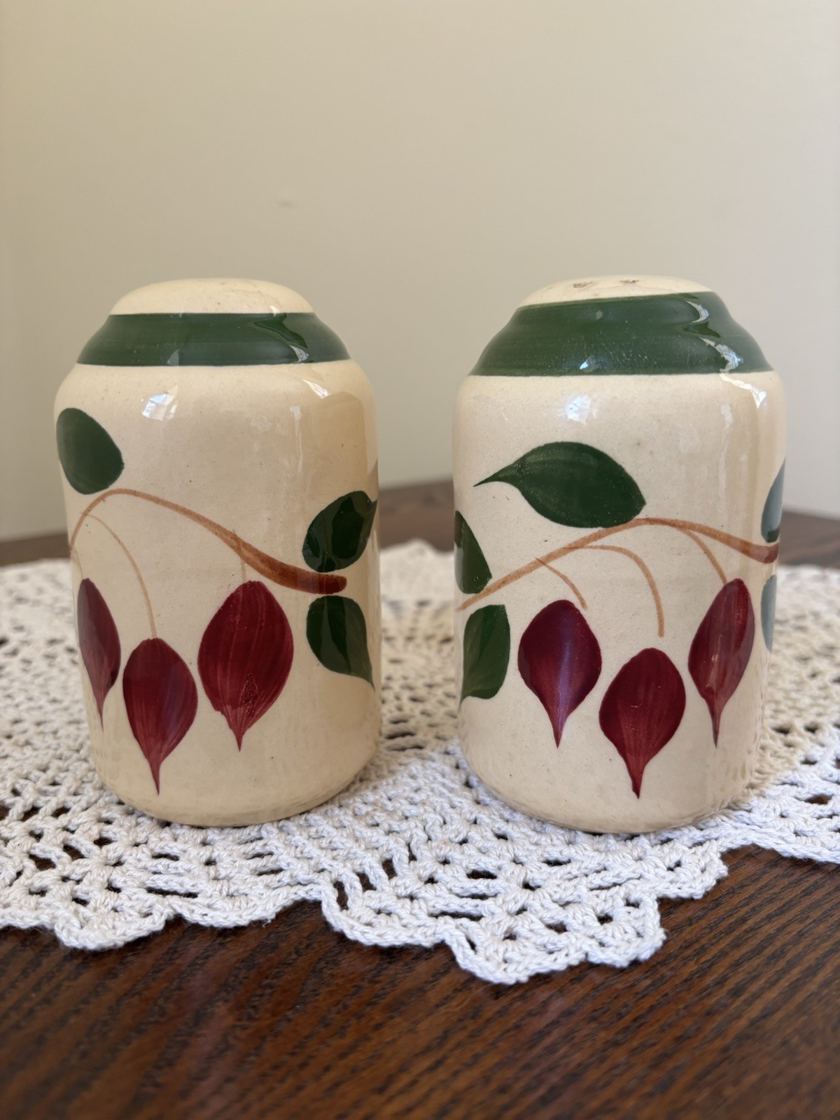 Vintage Watt Pottery Yellowware Teardrop Red Bud Series Salt & Pepper Shakers
