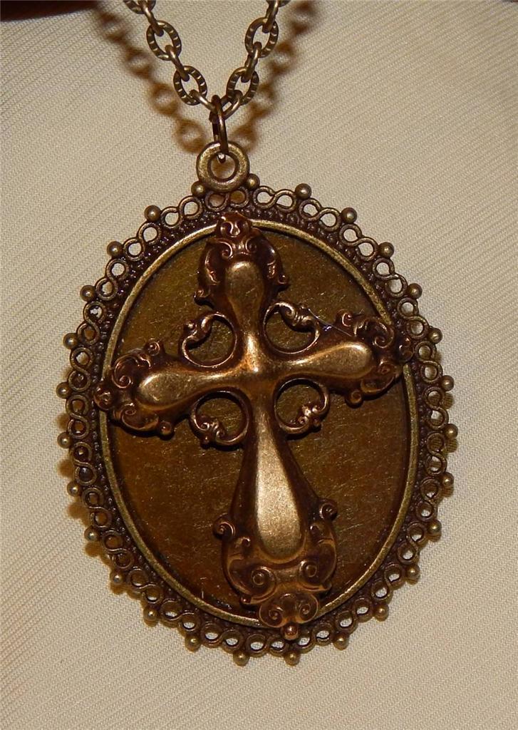 Lacy Filigree Rimmed Shiny Raised & Festooned Brasstone Cross Pendant Necklace