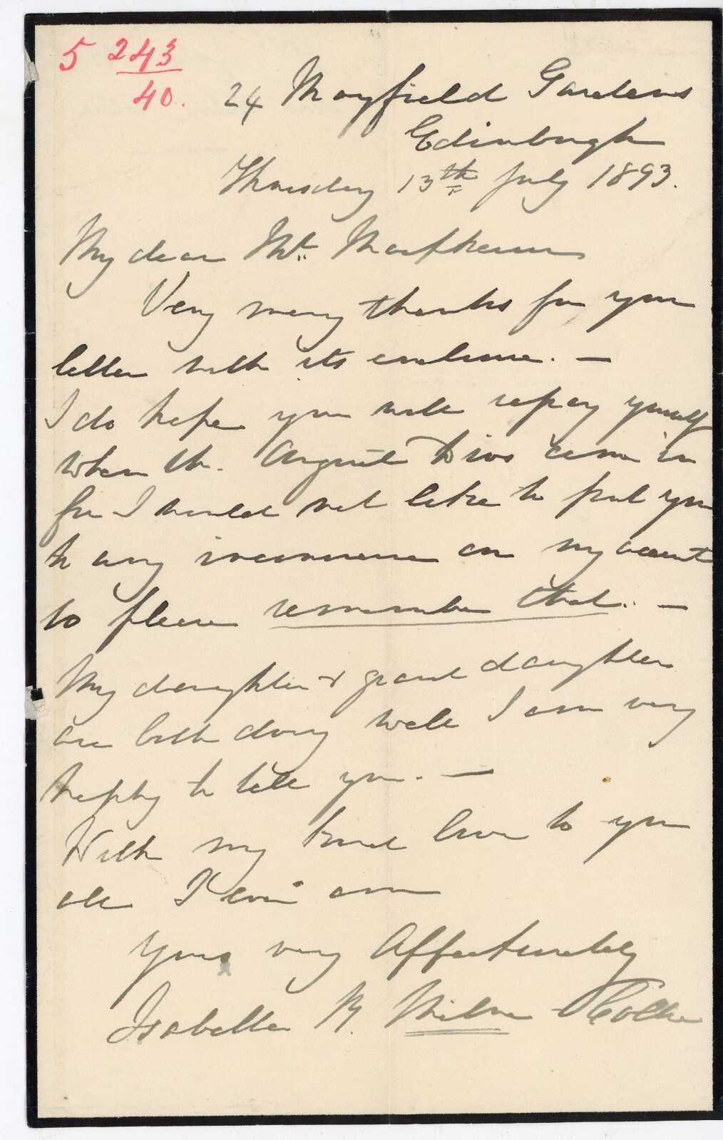 1893 Handwritten Letter Edinburgh by Isabella M. Wilson Noble Scotland Signed
