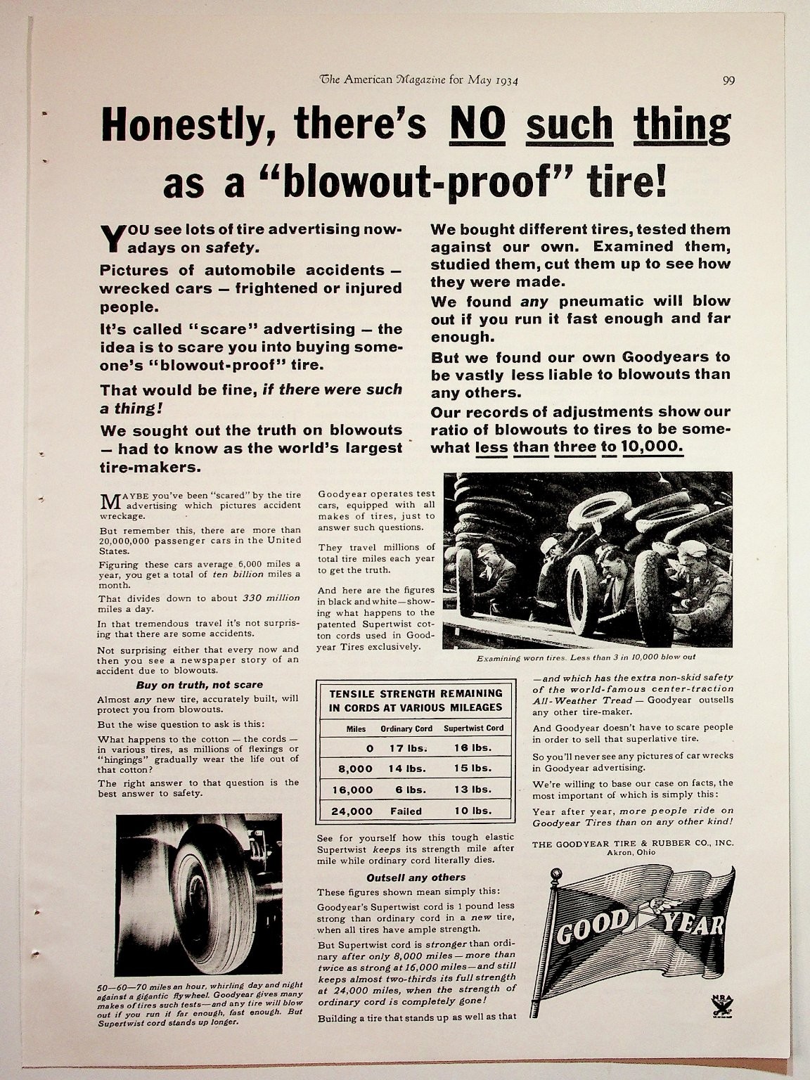 Goodyear 1934 Vintage Print Advertisement Blowout-Proof Tire Safety 8x11