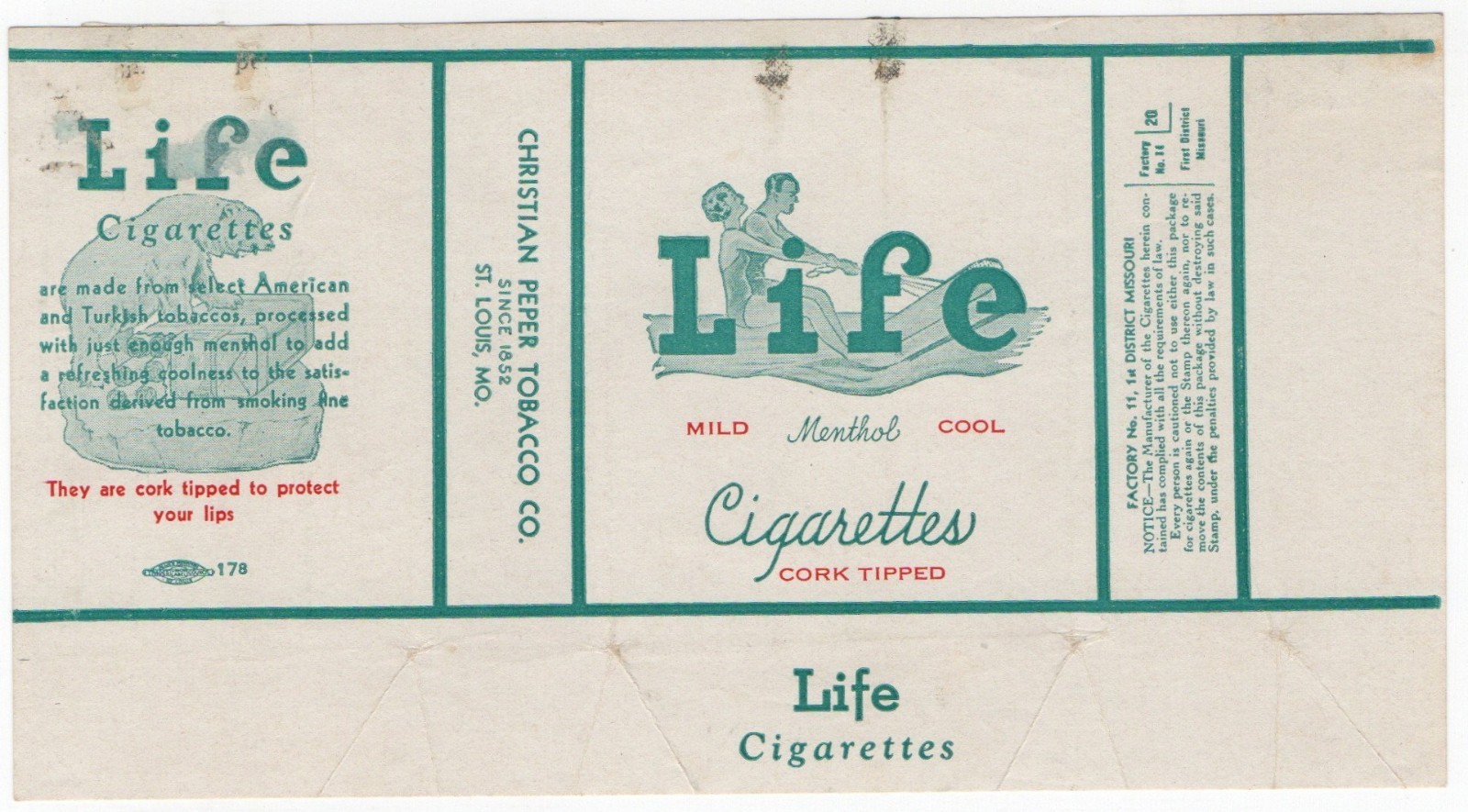 1930s Life Menthol Cork Tipped Cigarette Pack Wrapper Label