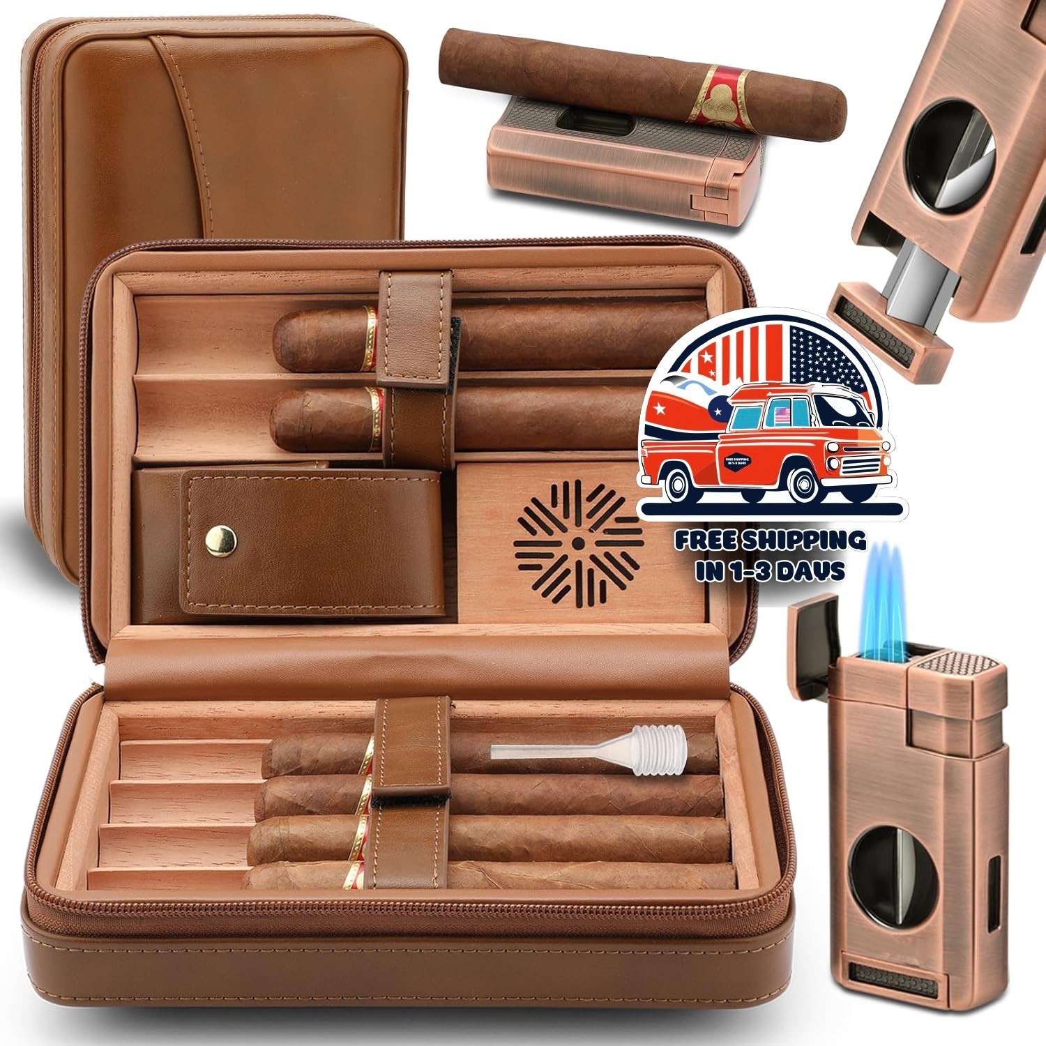 Humidor De Puros, Estuche De Cuero Y Madera De Cedro Con Encendedor US NUEVO