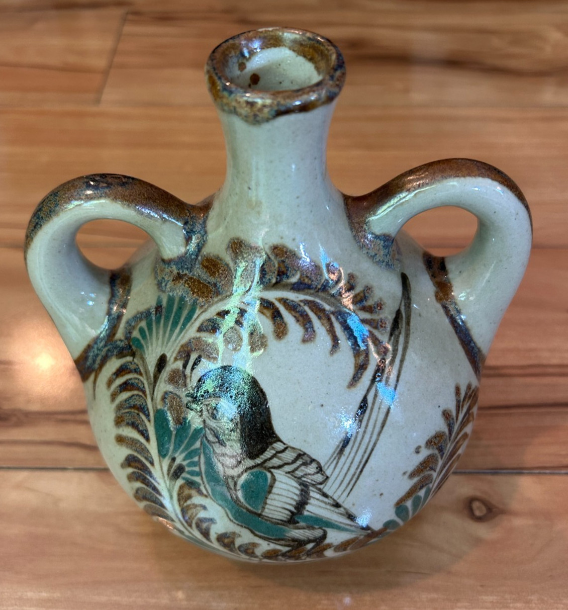 Vintage Carlos Villanueva Mexican Pottery Handled Bird Bud Jug Vase Signed