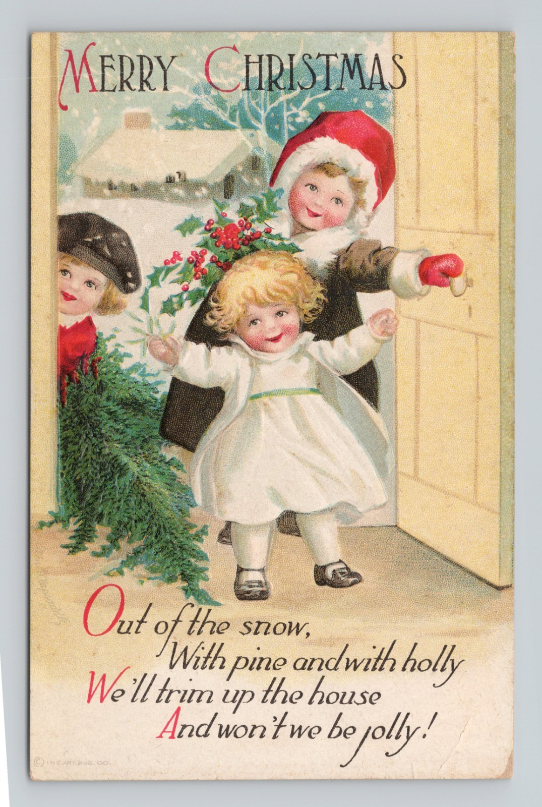 Vintage Ellen Clapsaddle Children Holly Christmas Postcard Embossed Unposted