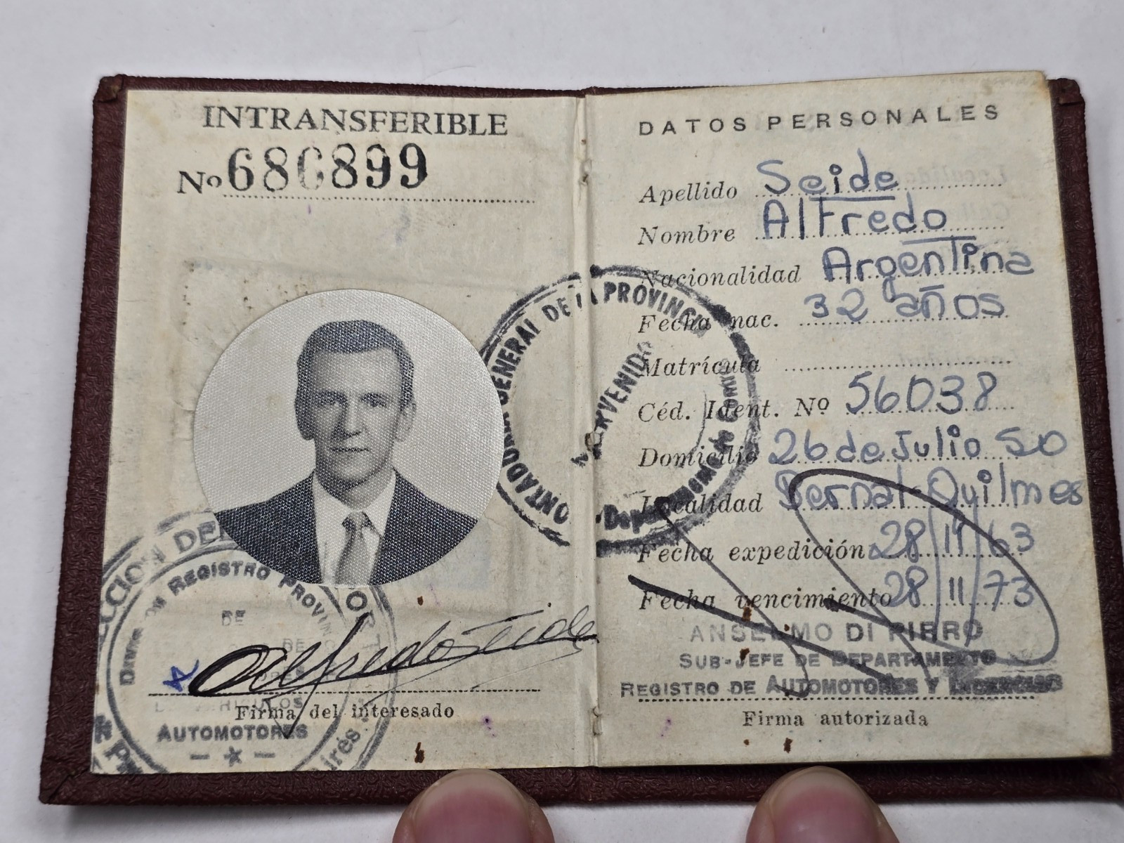 Vintage Argentina Driver Identification Booklet Alfredo Seide 1970s Ephemera