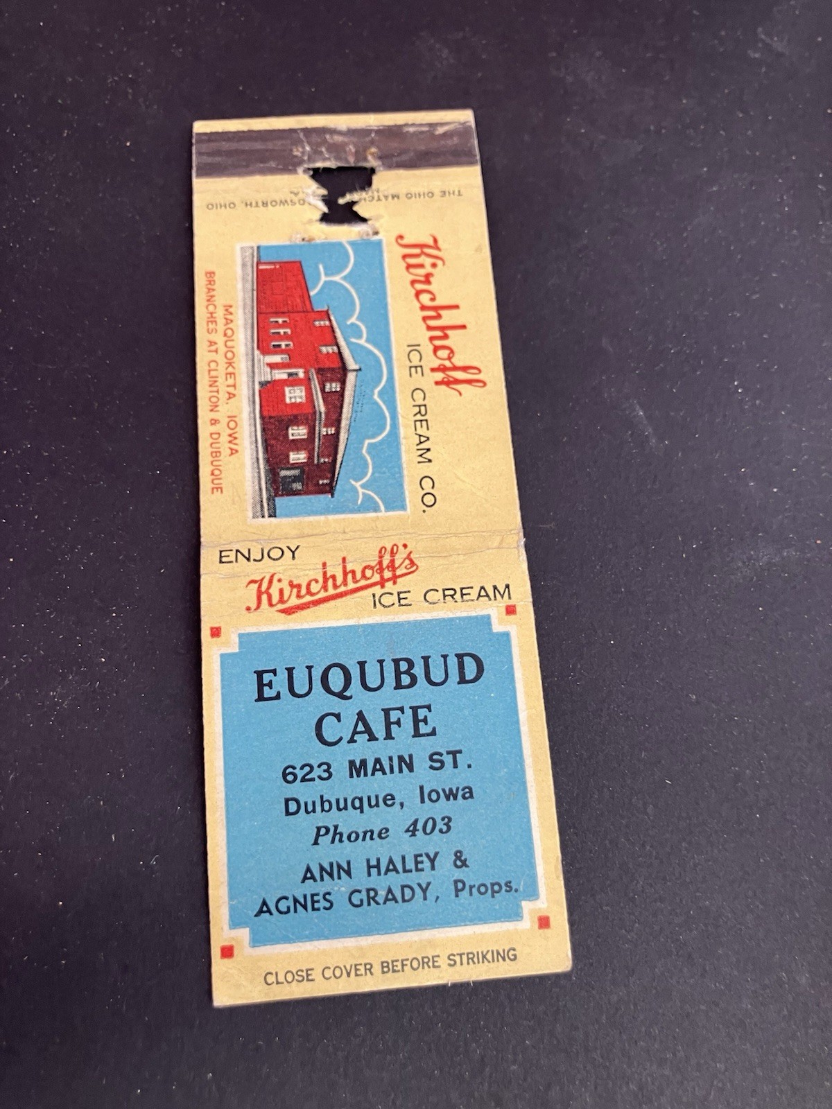 Vintage Iowa Matchbook “EUQUBUD CAFE - Kirchoff’s Ice Cream” Dubuque Vintage Iowa Matchbook “EUQUBUD CAFE - Kirchoff’s Ice Cream” Dubuque
