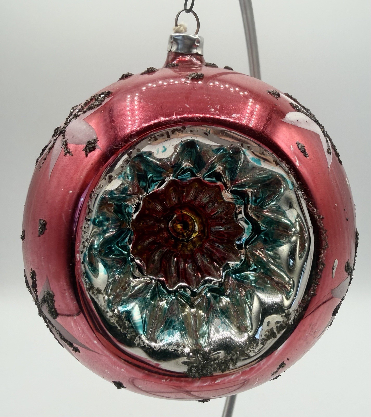 Vintage West Germany 4” Triple Indent Glass Christmas Ornament Floral Black Mica