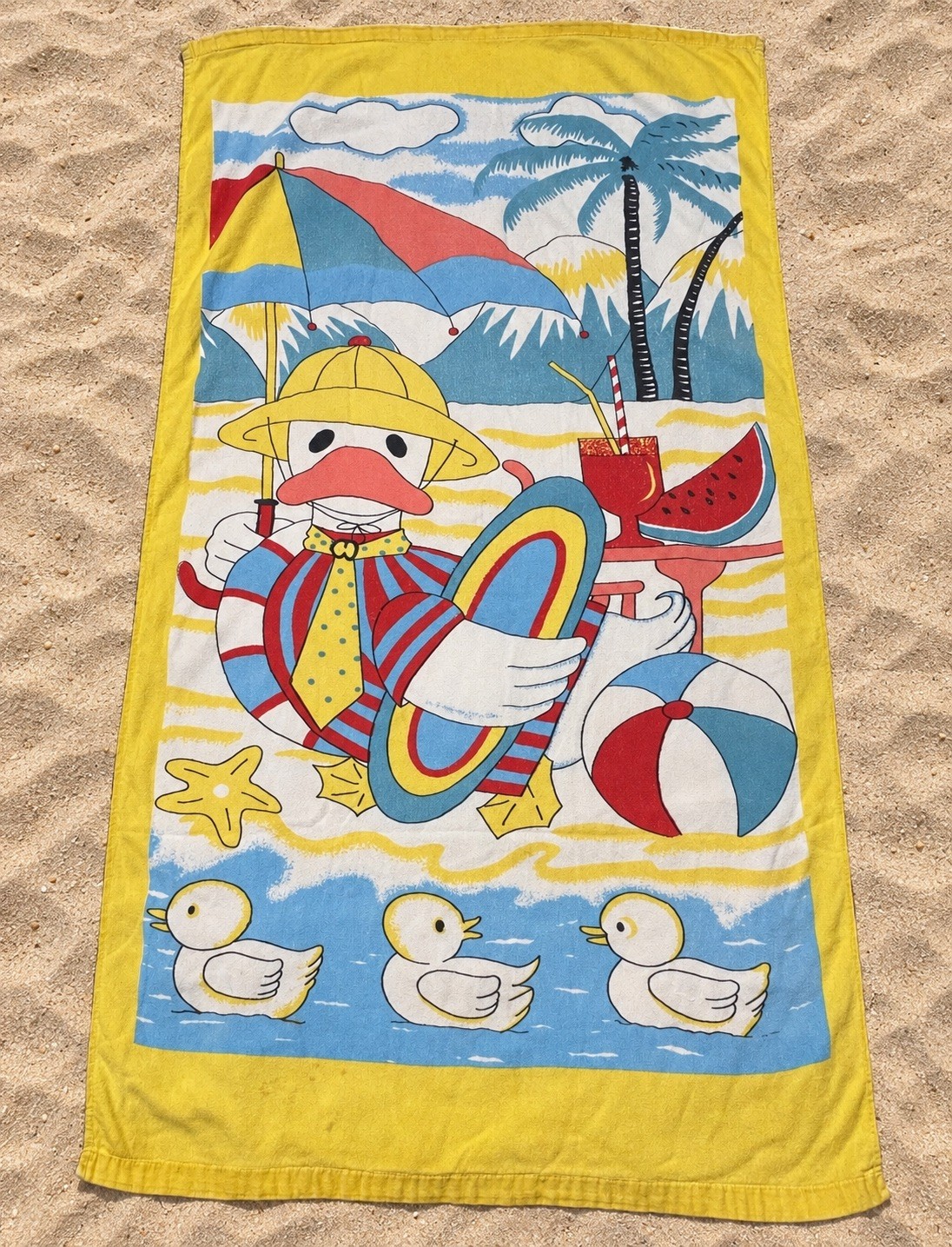 Vtg Kids Duck Wearing Tie Beach Towel 29x54 Tropical Umbrella Inner Tube Yellow