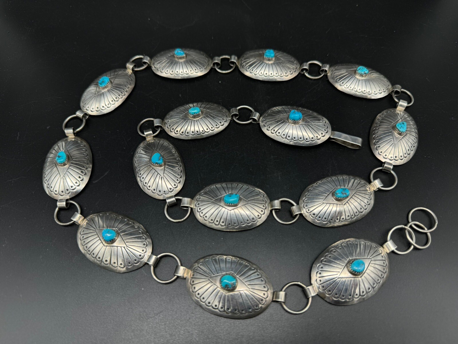 Vintage Augustine Largo Native American Sterling Silver Turquoise Belt, 157 g