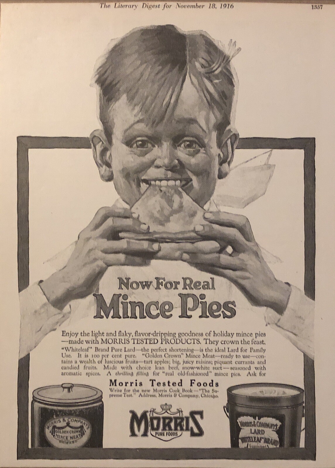1916 Morris Golden Crown Mince Meat PRINT AD Boy Pie Whiteleaf Lard VTG 1910s