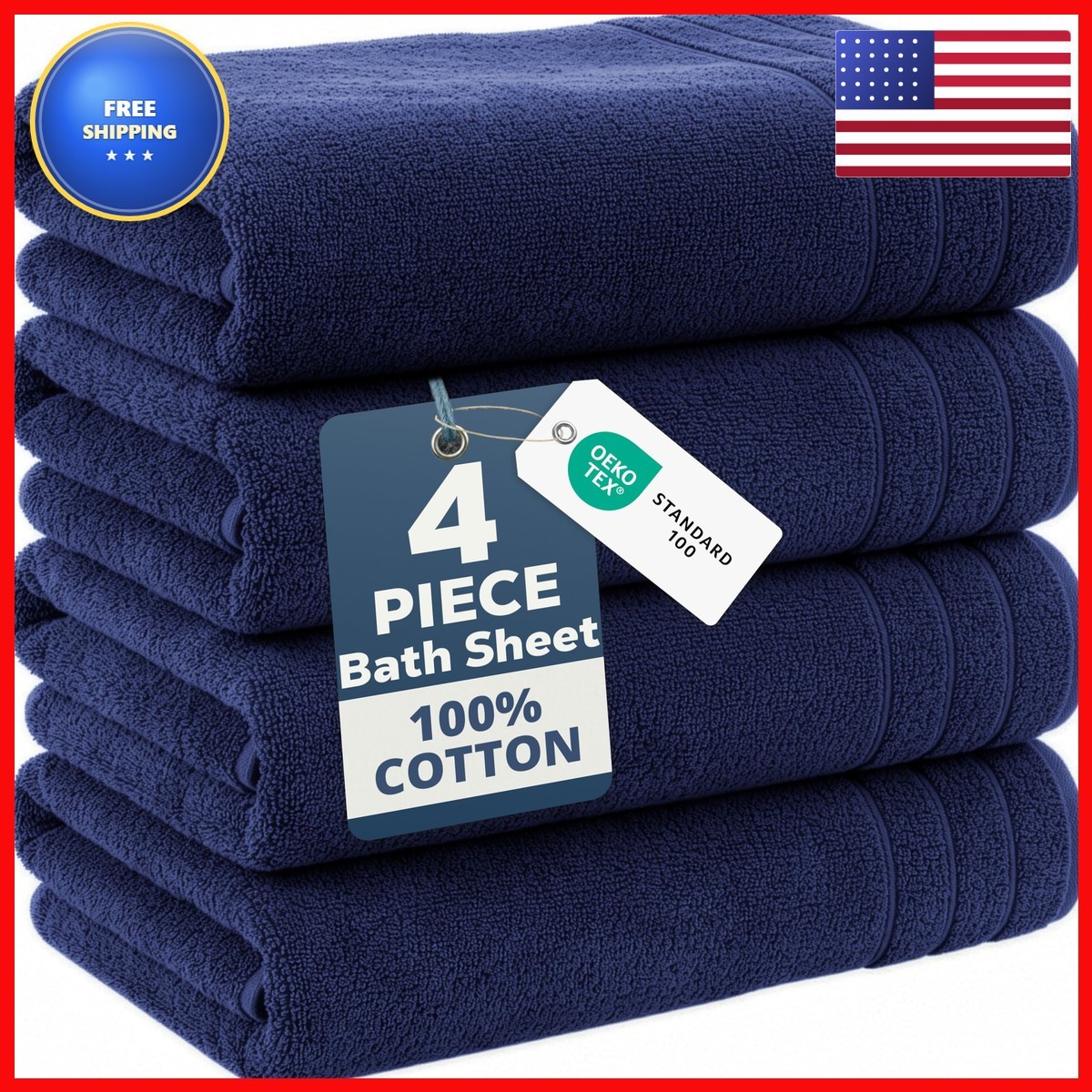 Casa Platino Bath Sheet Set 100% Cotton 4 Pack - Navy Blue