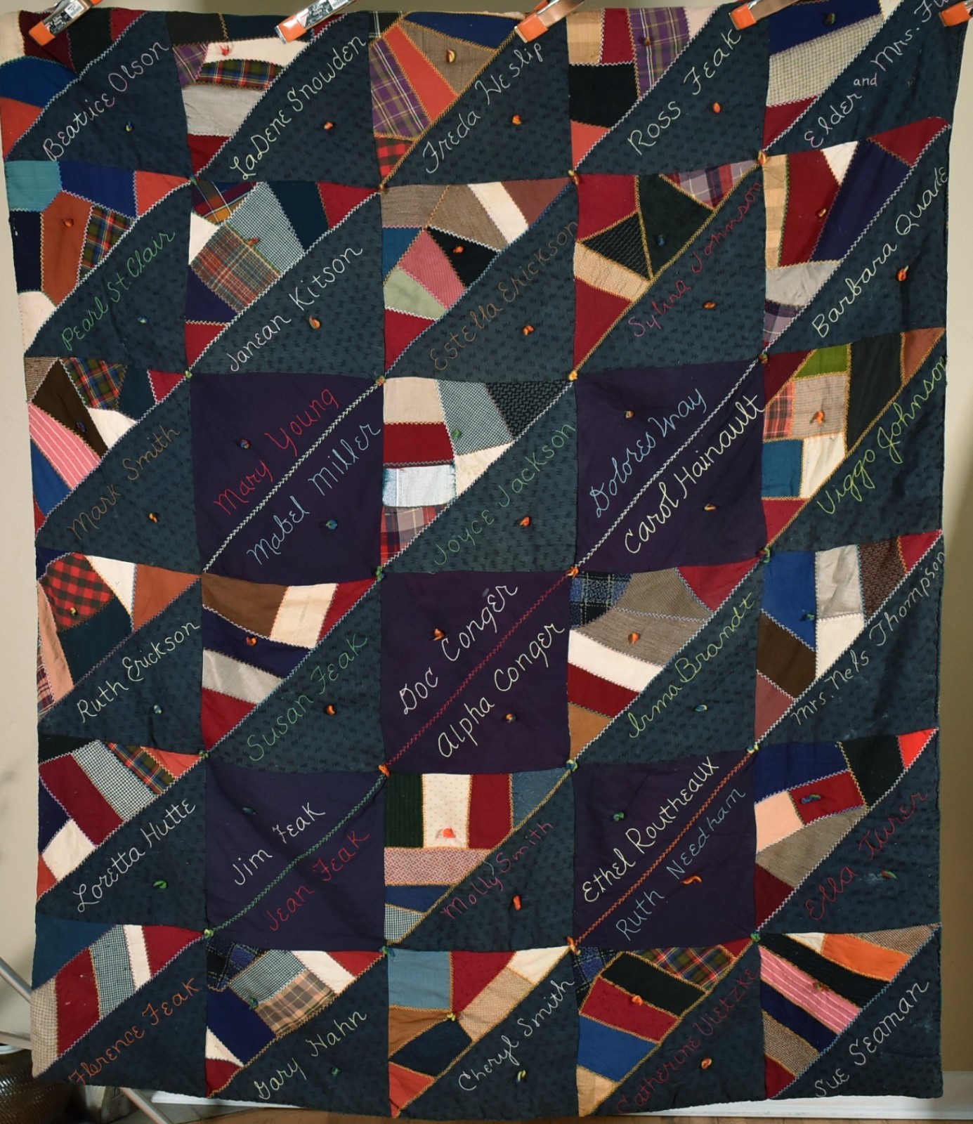Vintage 30\'s Wool Crazy Sawtooth Triangle Signature Antique Quilt ~Colorful Vintage 30\'s Wool Crazy Sawtooth Triangle Signature Antique Quilt ~Colorful