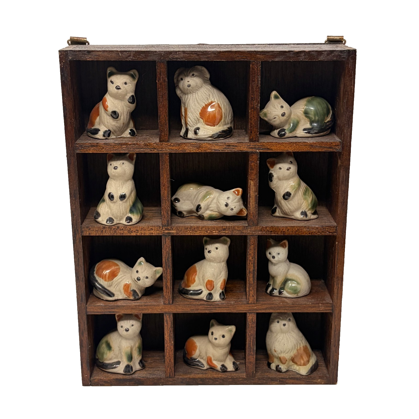 Set Of 12 Vintage Emson Pottery Cat Mini Figurines Wooden Shadow Box Display
