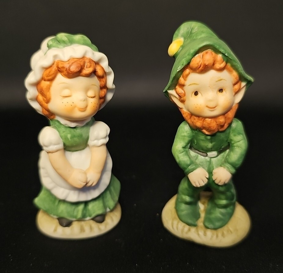 Vintage 1990s Lefton Bisque Porcelain Leprechaun and Irish Girl Figurine Set Vintage 1990s Lefton Bisque Porcelain Leprechaun and Irish Girl Figurine Set