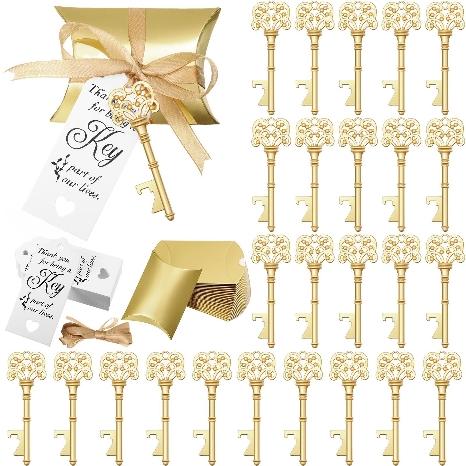 Gold Vintage Key Bottle Opener Wedding Favors Gift Boxes Tags Ribbon