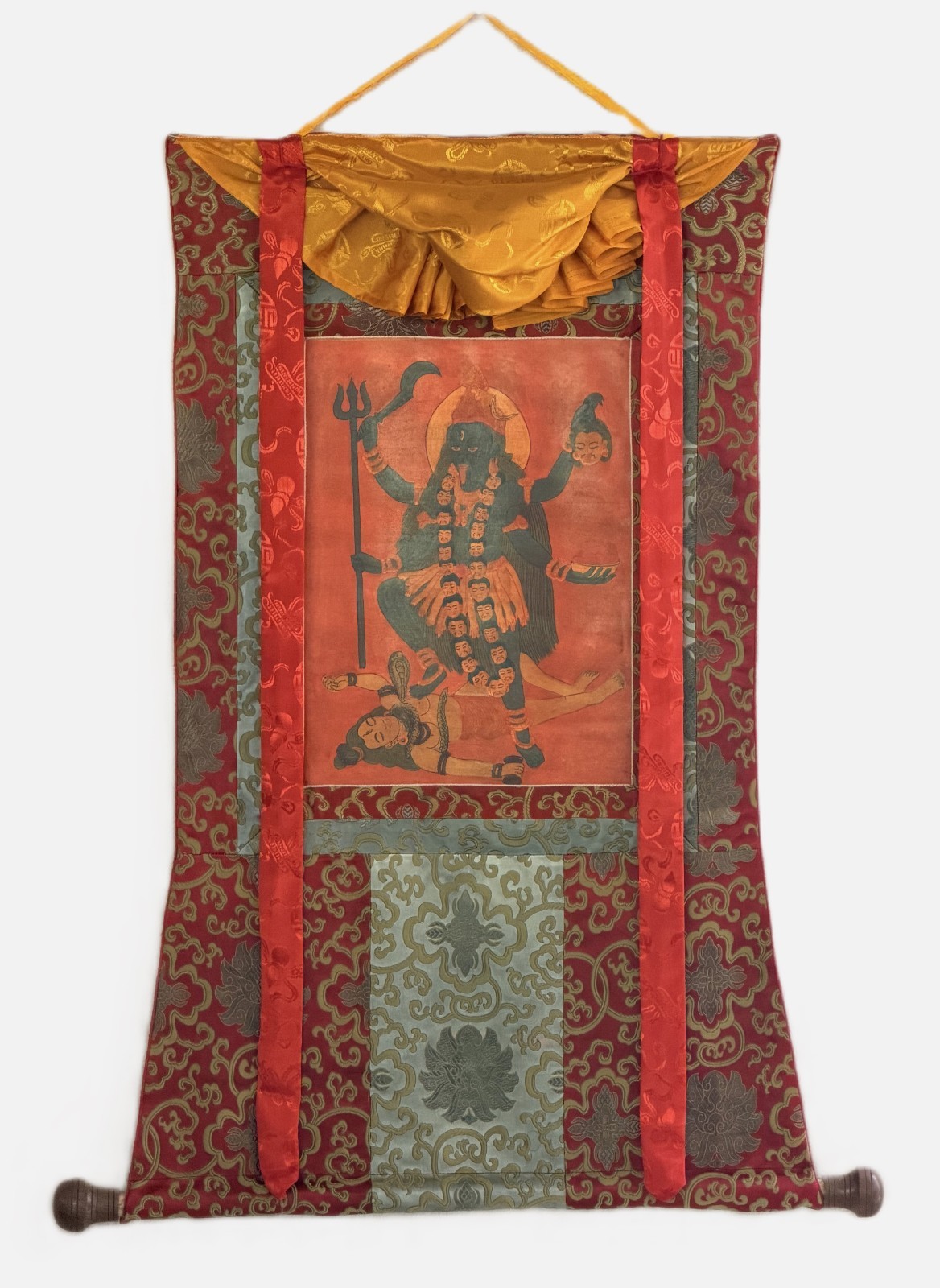 KALI MAHAKALI HAND PAINTED THANGKA OIL VARNISHED HINDU ART WITH SILK BROCADE